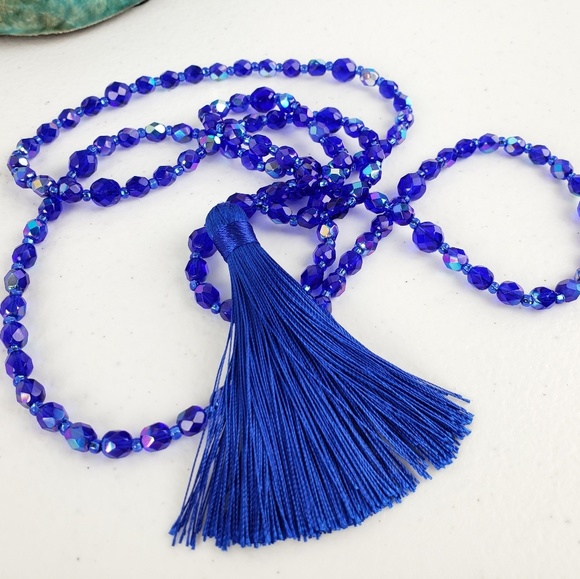 Magen's Fairytale Creations Jewelry - Blue Czech Glass Tassle Necklace